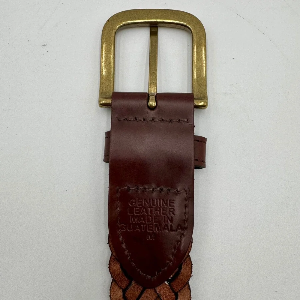 Woven Braided Leather Belt Mens Size M Brown Brass-Tone Buckle Casual Dress